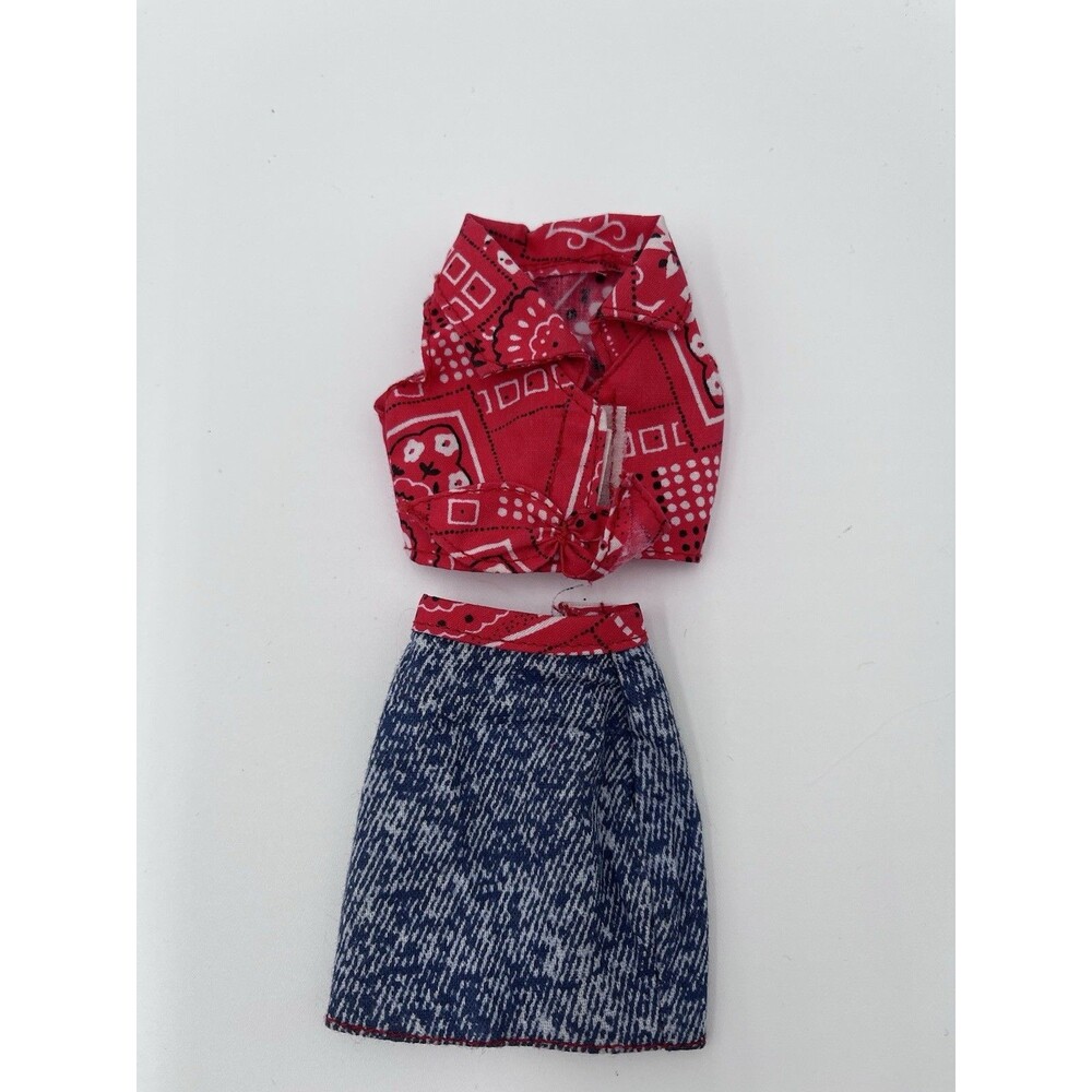 1995 Barbie Clothes Fashion Red Paisley Bandana Western Shirt Denim Skirt